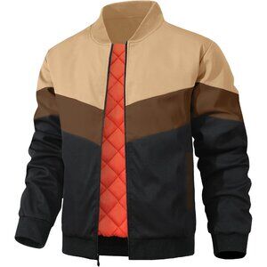 Men's Khaki Brown Black Polyester Stylish Stand Collar Casual Bomber Jacket